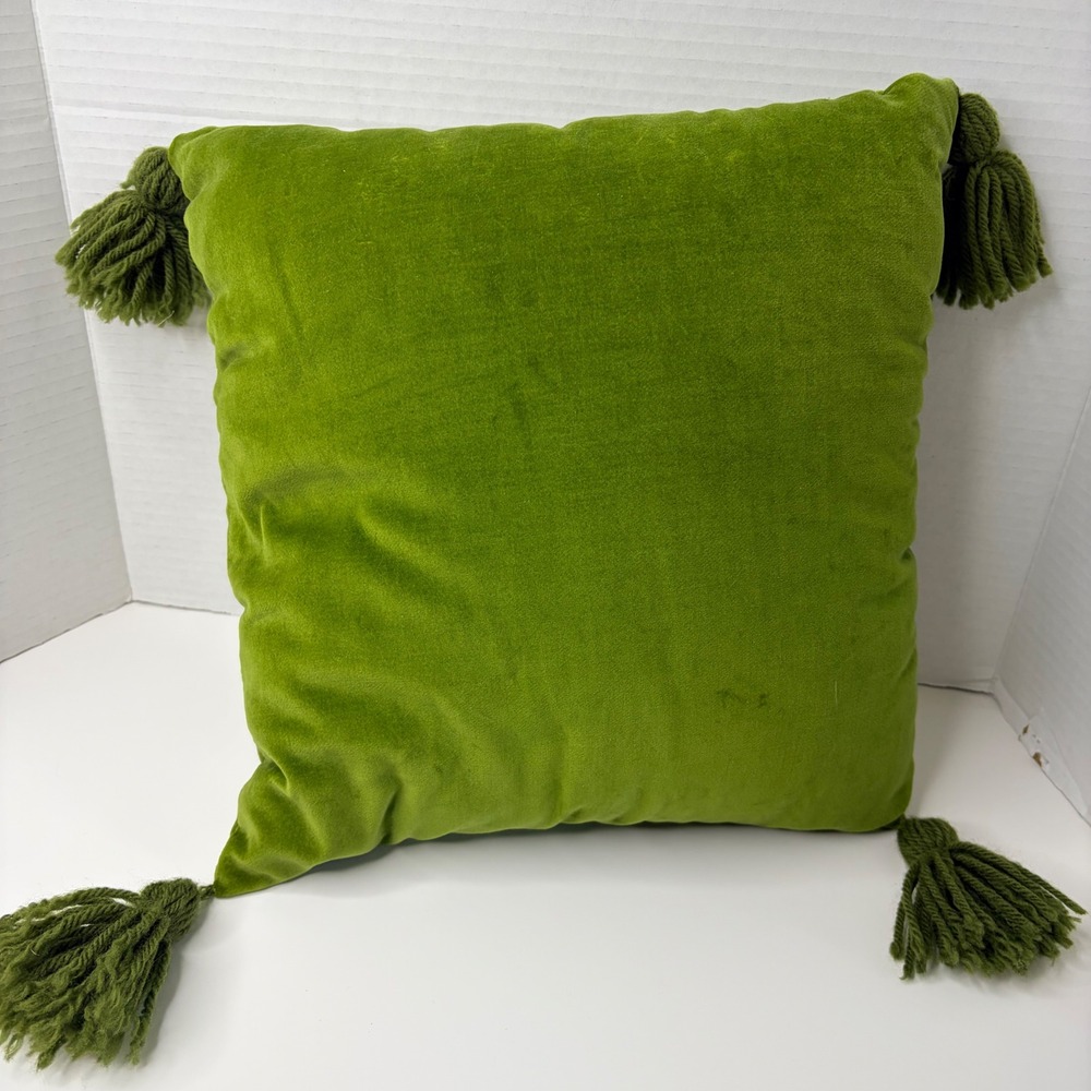 Vtg Floral Needlepoint Pillow Green Velvet Tassels Handmade Boho Cottagecore 70s - Picture 4 of 6